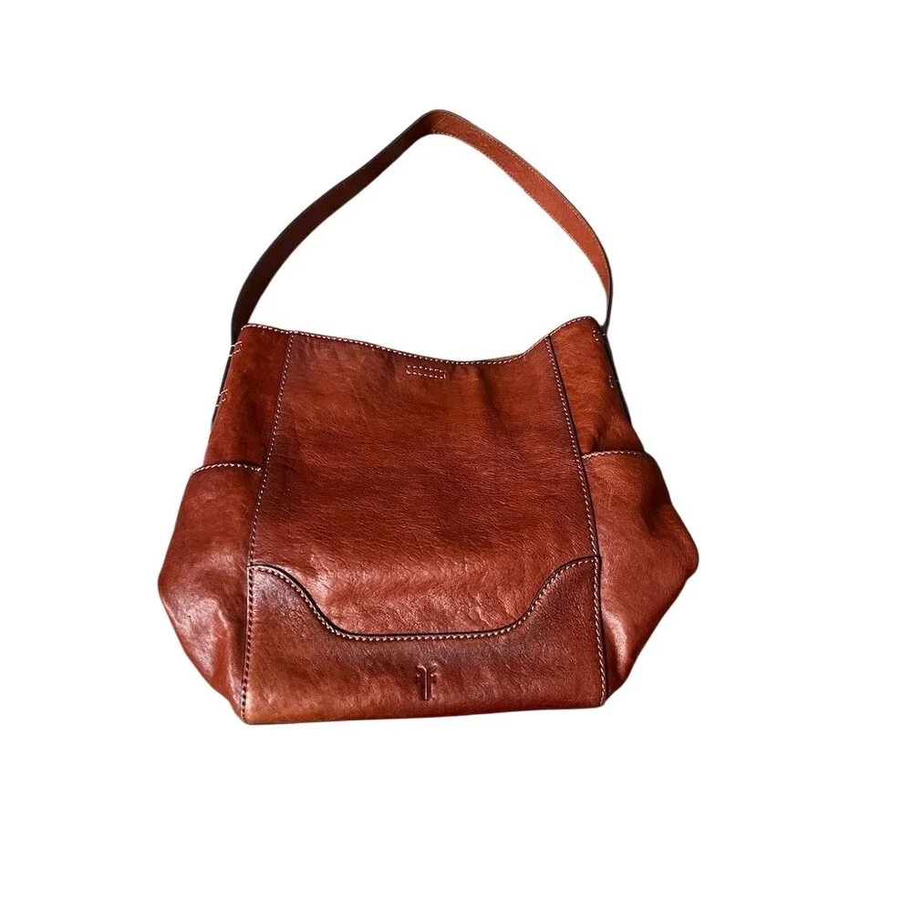 Frye Hobo Shoulder Bag Womens Brown Cognac Side Pockets Contrast Stitching